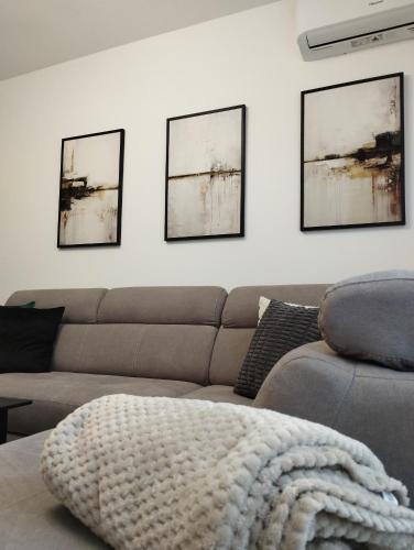 a living room with a couch and four pictures on the wall at EM apartman Tuzla in Tuzla