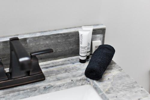 a brush sitting on a counter next to a sink at Elmwood Park Retreat Renovated 3 Bed 2 Bath DT in Columbia