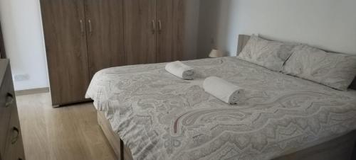 ŻonqorOcean View Apartment Marsascala的卧室里有一张床，上面有两个枕头