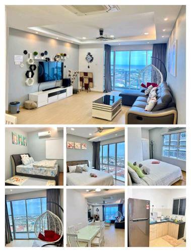 a collage of four pictures of a room at Sekinchan HighLevel SeaView Homestay 高楼 看海 阳台民宿 in Sekincan