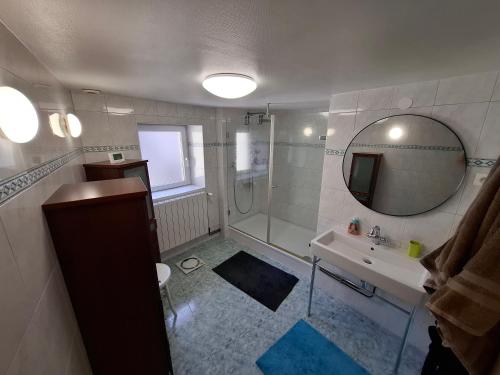 a bathroom with a shower and a sink and a mirror at Chambre d'hotes au coeur du village in Reichshoffen