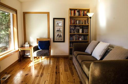 a living room with a couch and a book shelf at Mt Baker Rim Cabin 70 A pet friendly vacation home with a hot tub and wifi in Deming