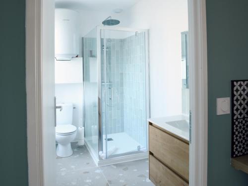 une salle de bain avec une douche, des toilettes et un lavabo dans l'établissement L'élégant, T2 avec climatisation, wifi, à Cognac