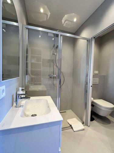 a bathroom with a shower and a sink and a toilet at Miami Vice Appartement mit Balkon & Flussblick-Das Alpenzeit im Zentrum mit Parkplatz in Bad Aussee