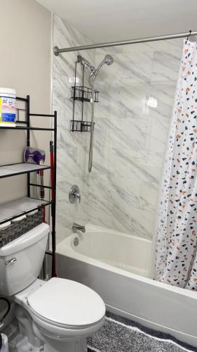 a bathroom with a toilet and a tub and a shower at Rooms available in a single Family home shared with Host in Willingboro