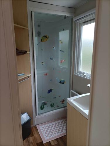 La salle de bains est pourvue d'une douche avec du poisson sur le mur. dans l'établissement Mobil-home emplacement 3, à Le Chesne