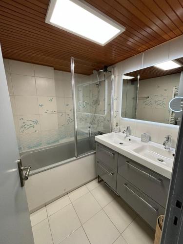 une salle de bain avec une baignoire, un lavabo et une douche dans l'établissement Alpazur, studio cozy, à Valberg