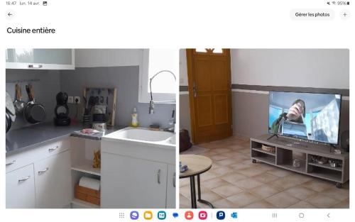 - deux photos d'une cuisine avec une télévision sur un comptoir dans l'établissement Ventoux beautiful quiet house, à Saint-Christol