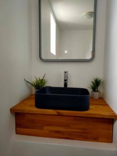 La salle de bains est pourvue d'un lavabo et d'un miroir sur un comptoir en bois. dans l'établissement Studio campagne chic, à Saint-Vran