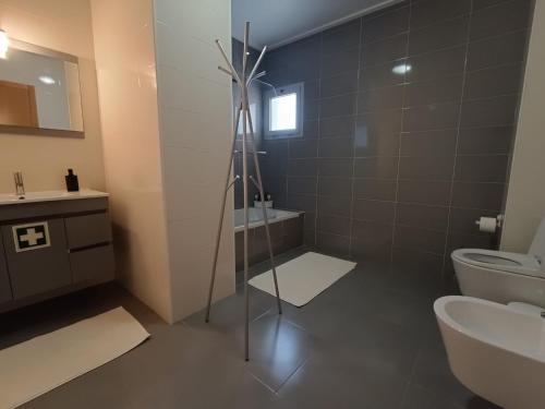 a bathroom with a shower and a toilet and a sink at Baia Carmona in São Martinho do Porto