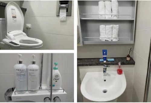 three pictures of a bathroom with a toilet and a sink at Yeosu Ubless Gami Stay in Yeosu