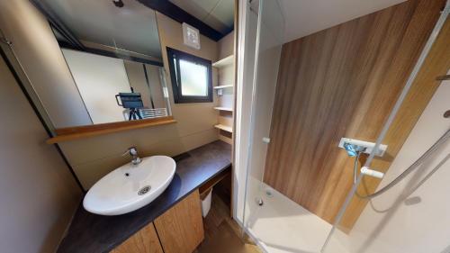 une salle de bain avec un lavabo, un miroir et une douche dans l'établissement Camping la Pommeraie, à Vic-sur-Cère