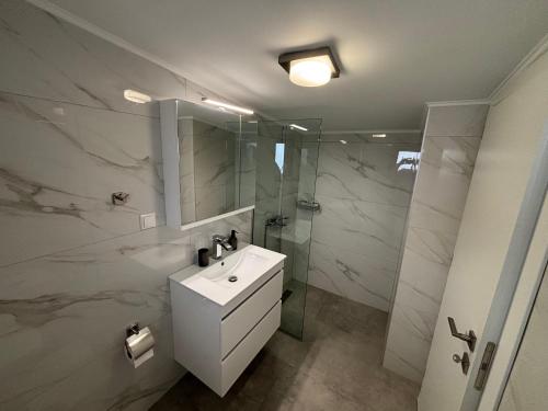 イラクリトサにあるÉva Apartman houseの洗面台とシャワー付きの白いバスルーム