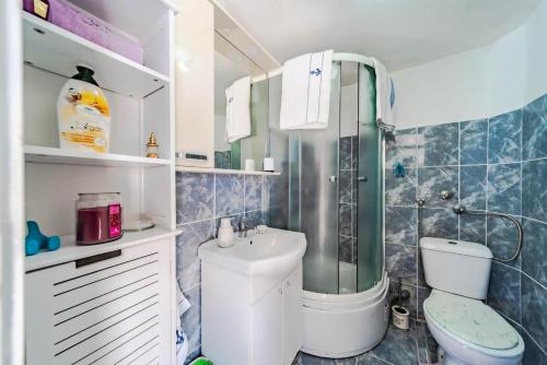 a small bathroom with a toilet and a sink at Seaside Holiday Home Ema in Vela Luka