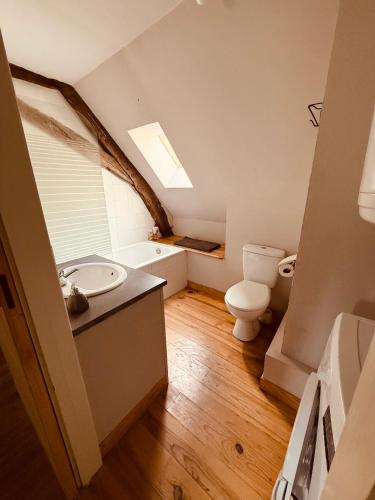 une salle de bain avec un lavabo et des toilettes dans l'établissement Appartement Albuconis 4, deux chambres 70 M2, à Aubusson