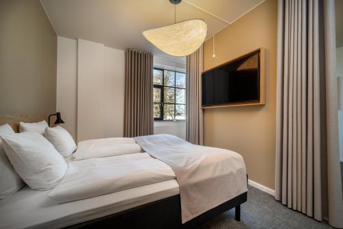 a bedroom with a bed with a tv and a window at Radisson Hotel Papirfabrikken Silkeborg in Silkeborg