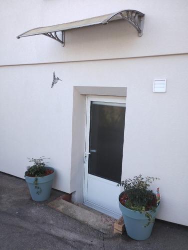 two potted plants sitting in front of a door at Charmants studios "Le Nid de Lou" et "Le Cocon de Théo" à Rosheim in Rosheim