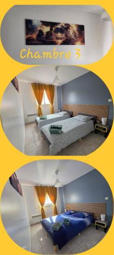 two pictures of a bedroom with two beds in a room at Un Brin de Mistral in Saint-Louis-du-Rhône