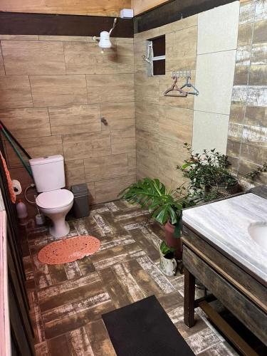 a bathroom with a toilet and a sink at Choupana das Araucárias in Sapiranga