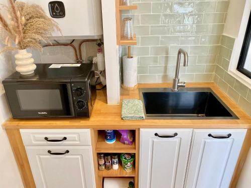 une cuisine avec un évier et un micro-ondes dans l'établissement Grand studio rénové avec goût au coeur d'Angers, Centre des Congrès, à Angers