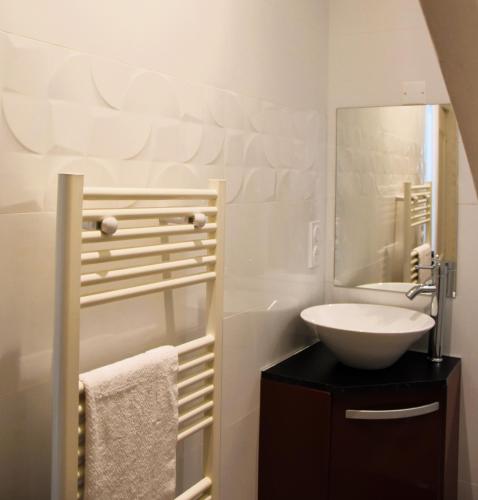 une salle de bain avec un lavabo et un miroir dans l'établissement Le Côteau du Segala, à Villefranche-de-Rouergue