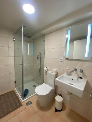 a bathroom with a shower and a toilet and a sink at studio with sea view in Salema