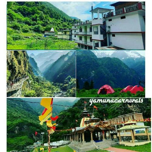 a collage of pictures of a city and a mountain at Hotel Himalayan in Madheso