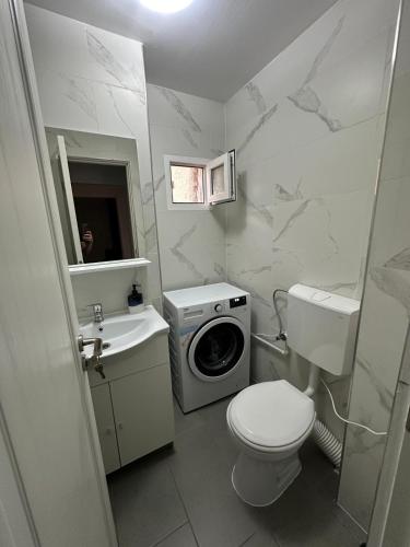 a bathroom with a toilet sink and a washing machine at Victory Apartament in Ocna-Mureşului