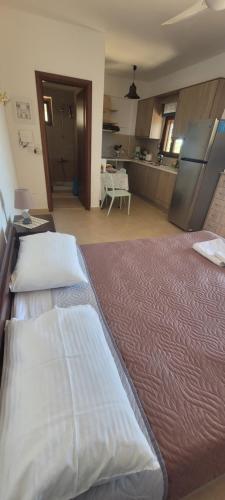 a bedroom with a large bed and a kitchen at Anemos in Tsoútsouros