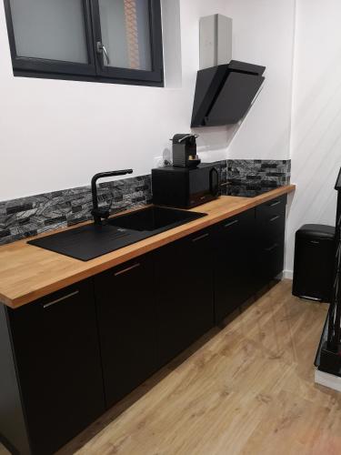 une cuisine avec un évier et un plan de travail dans l'établissement Appartement haut de gamme avec jacuzzi sauna à 5min de la plage à pied, au Havre