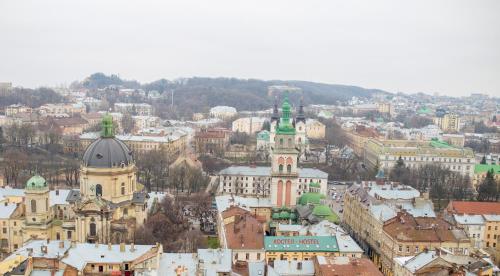 an aerial view of a city with buildings at Lions Heart Hostel in Lviv