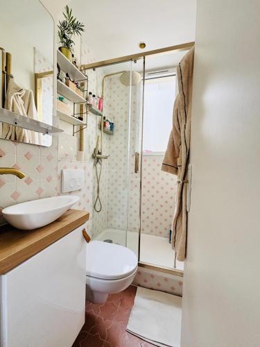 une salle de bain avec une douche, des toilettes et un lavabo dans l'établissement Studio Sorbonne, à Paris