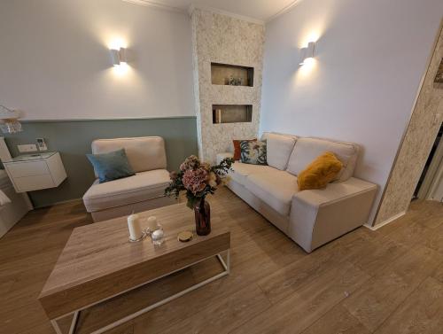 un salon avec deux canapés et une table basse dans l'établissement Luxury studio next to beaches and old town Antibes, à Antibes