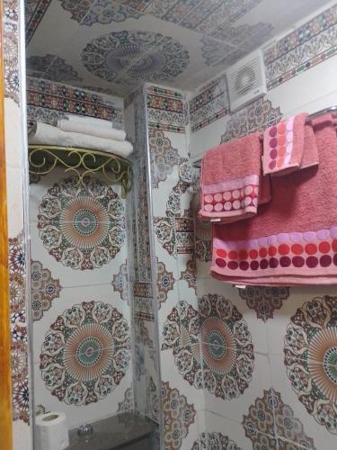 a bathroom with pink towels on a wall at Riad lala Drissia in Gare de Tanger-Fès