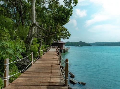 a wooden bridge over a body of water at The Hawk's Nest Resort in Sabong