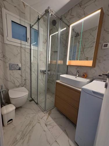 a bathroom with a shower and a toilet and a sink at Big Blue New in Agios Nikolaos