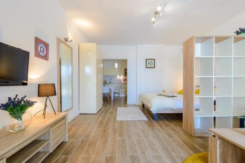 a bedroom with a bed and a television in a room at Tandem Apartments with Swimming pool in Cavtat