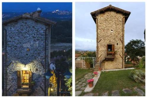two pictures of a building with a clock tower at Torre del Drago in Borgo alla Collina