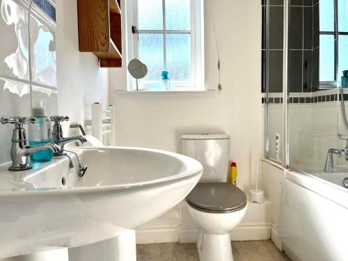 a white bathroom with a toilet and a sink at Centrally located "Spring Cottage" Perfect Ventnor Holiday Home in Ventnor