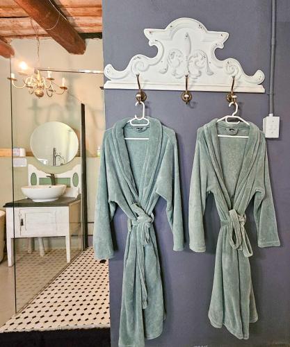 a green robe hanging on a wall in a bathroom at Rumali Farm & Cottage in Montagu