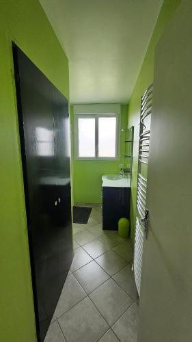 La salle de bains verte est pourvue d'un lavabo et d'un miroir. dans l'établissement Maison de la plage Vendée Notre-Dame-de-Monts 700m de la mer, à Notre-Dame-de-Monts