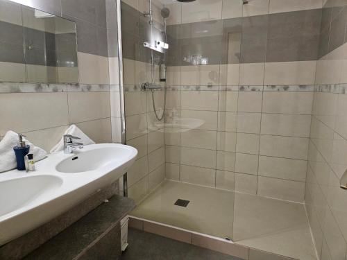 a bathroom with a sink and a shower at Hôtel Le Mont Barral in Creyers