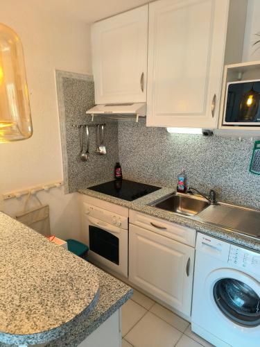 une cuisine avec un évier et une machine à laver dans l'établissement La Brise Marine ~ 300m mer~Piscine~Clim~Wifi~Calme, à Argelès-sur-Mer