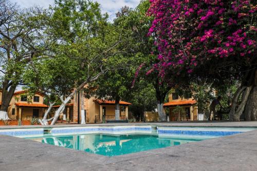 a swimming pool with trees and pink flowers at Hotel Cabañas de los Angeles in Tequila