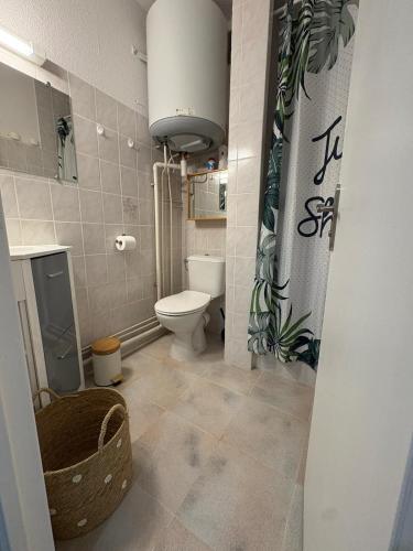 une petite salle de bain avec toilettes et lavabo dans l'établissement Appartement proche de la plage, à Argelès-sur-Mer