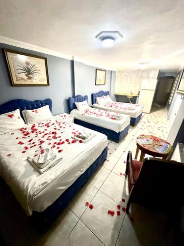 a hotel room with two beds and roses on the floor at Cendere Old City Hotel in Istanbul