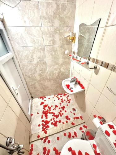 a bathroom with a floor covered in red hearts at Cendere Old City Hotel in Istanbul