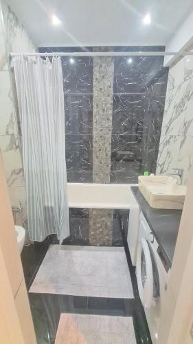 a bathroom with a shower and a toilet and a sink at Жуляны in Chişinău