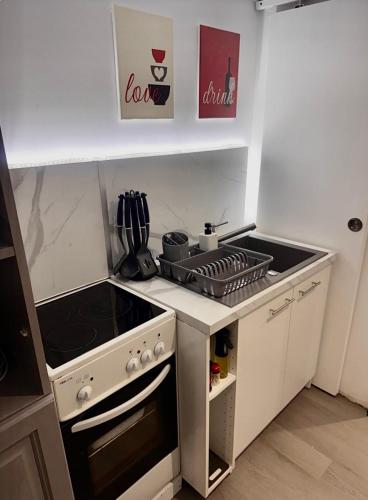 Il comprend une petite cuisine équipée d'une cuisinière et d'un évier. dans l'établissement Dépendance cosy près de Paris, à Vernouillet