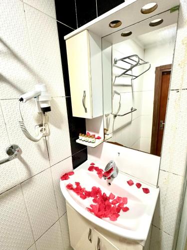 a bathroom with a sink with red roses on it at Cendere Old City Hotel in Istanbul